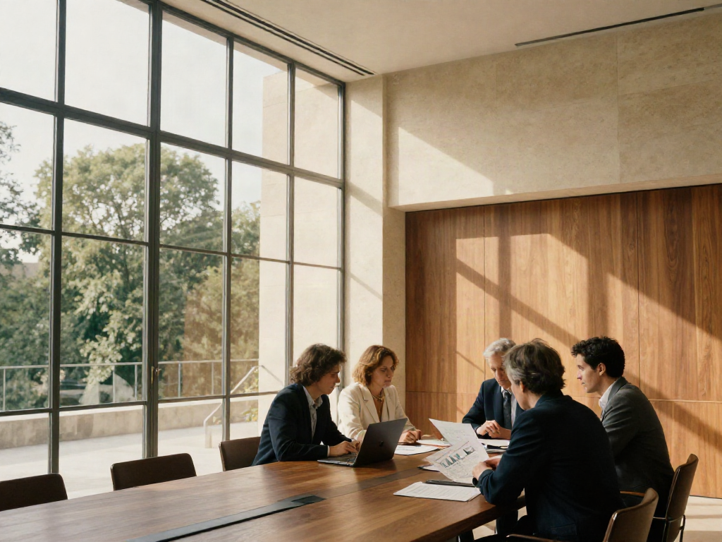Business leaders exchanging perspectives during a strategy review in a sunlit conference room
